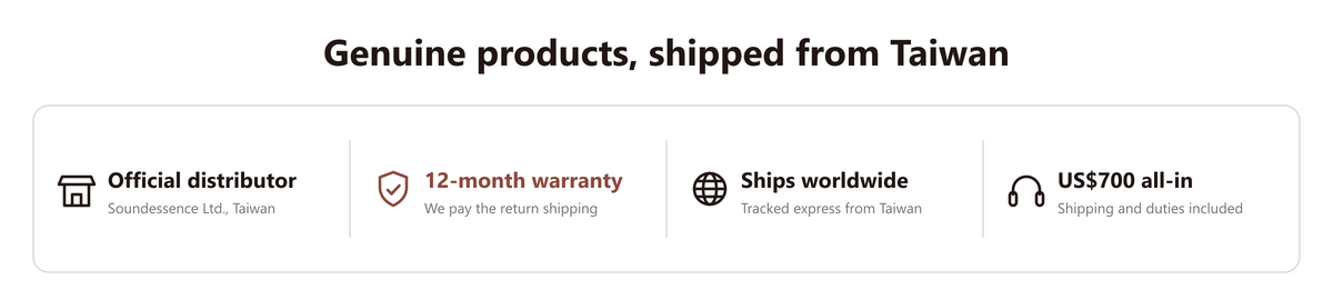 Genuine products shipped from Taiwan: official distributor, 12-month warranty, ships worldwide, US$700 all-in