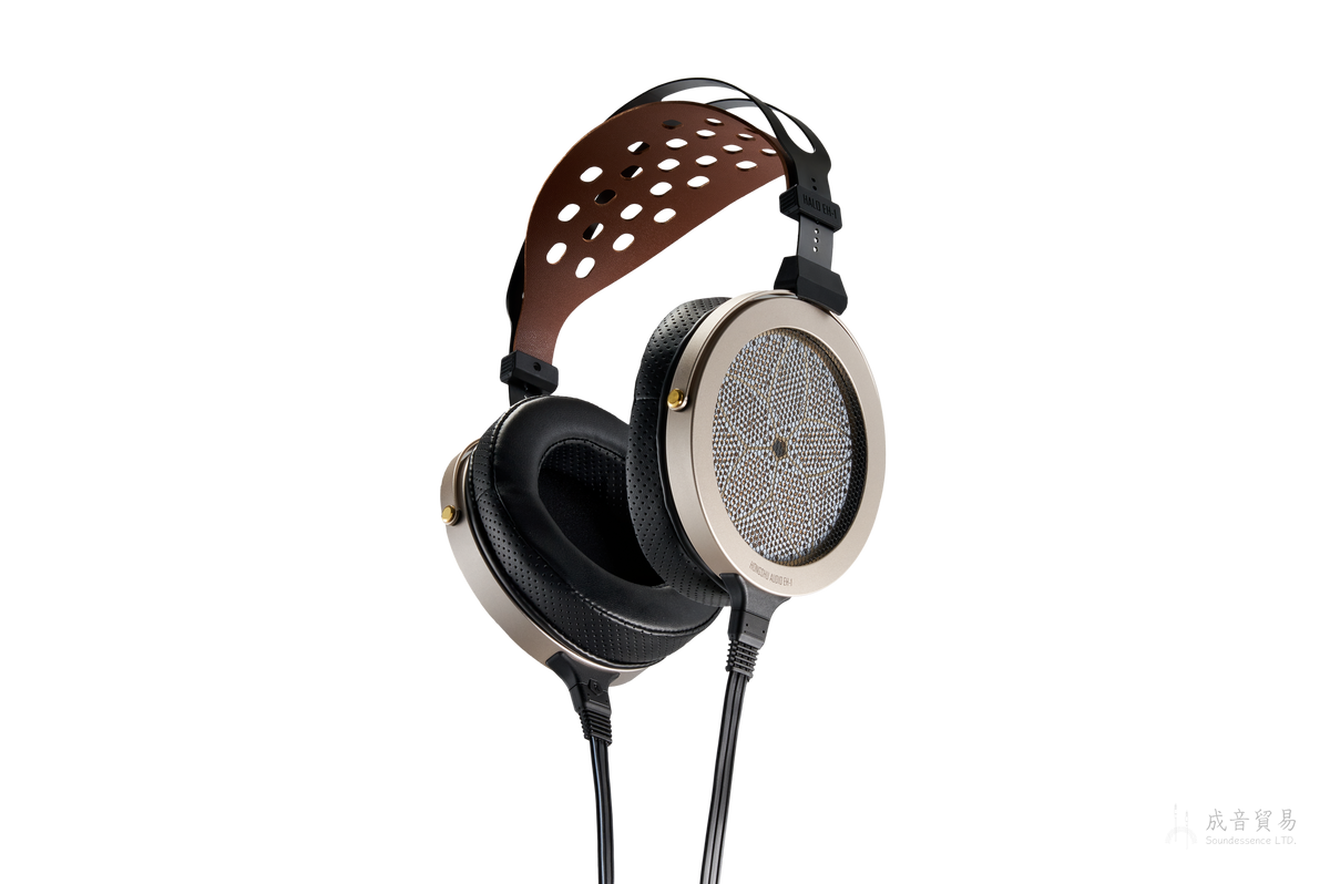 虹曙音響 HONGSHU Audio EH-1 靜電耳罩耳機正面，棕色打孔皮革頭帶與金色圓形耳罩外框